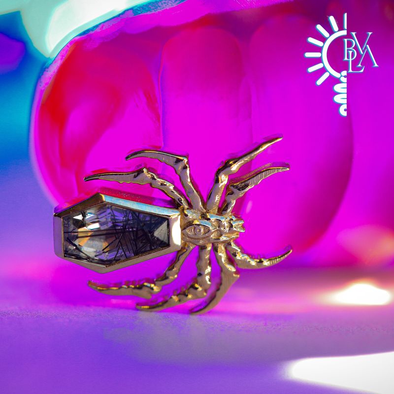 Street Tombs Spider Tourmalinated Quartz 14g Threaded End 14k Yellow Gold