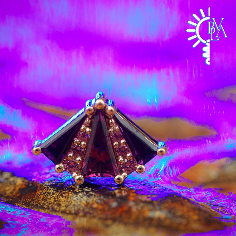 Cerberus Amethyst, Pink Sapphire, Rhodolite 14g Threaded End 14k Rose Gold
