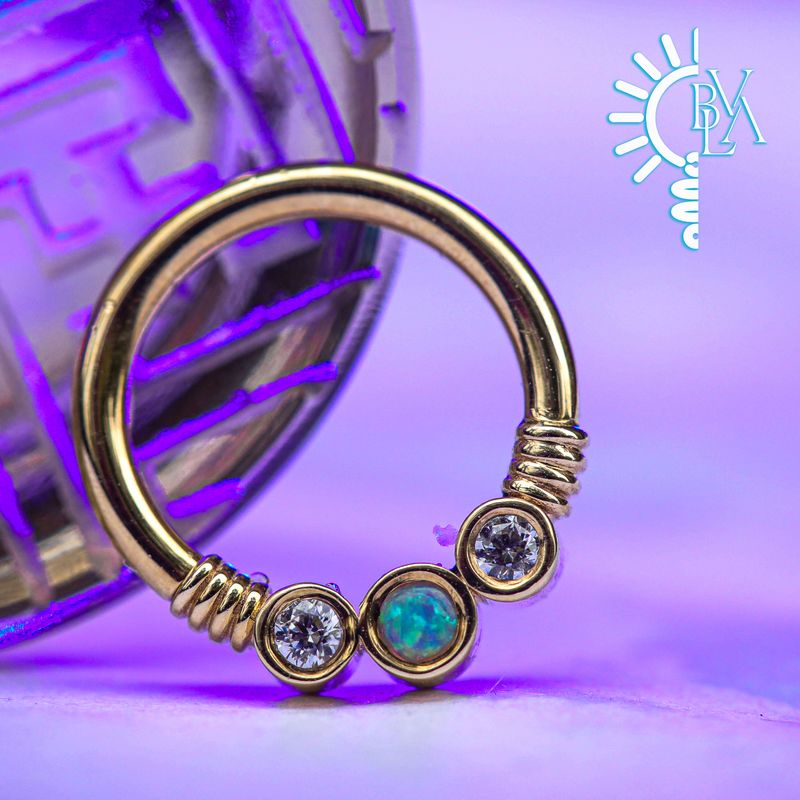 Faraway Genuine White Opal Cabochon, CZ Forward Facing Seam Ring 16g 5/16" 14k Yellow Gold