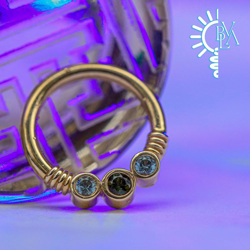 Faraway Green Tourmaline, Grey Sapphire Forward Facing Seam Ring 16g 5/16" 14k Yellow Gold