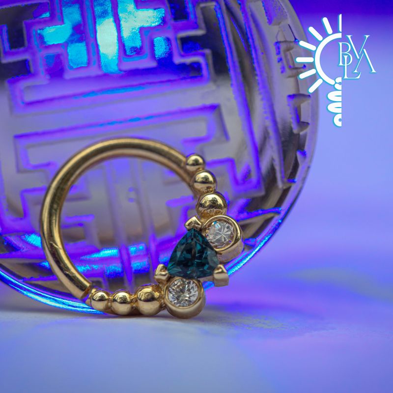 Kalisi London Blue Topaz, Champagne CZ Forward Facing Seam Ring 16g 5/16" 14k Yellow Gold