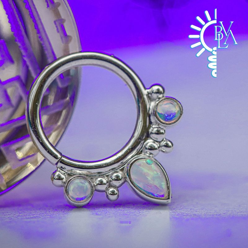 Eden Pear Genuine White Opal Cabochon Forward Facing Seam Ring 16g 5/16" 14k White Gold