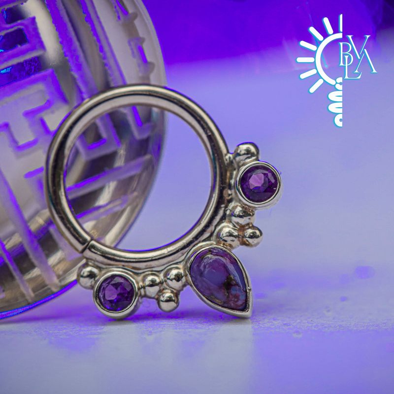 Eden Pear Copper Purple Turquoise Cabochon, Amethyst Forward Facing Seam Ring 16g 5/16" 14k White Gold