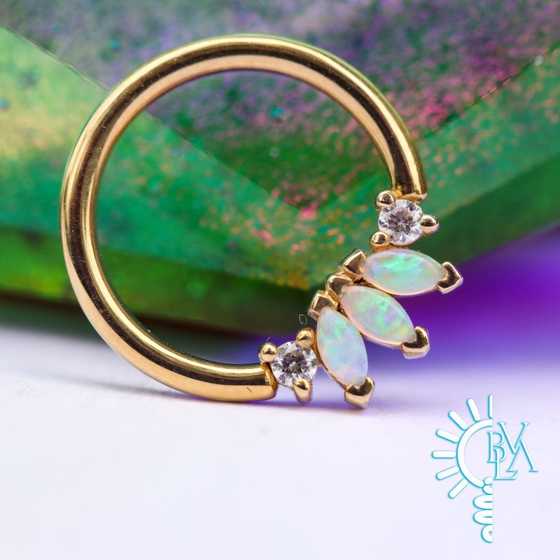 Thalia Genuine White Opal Cabochon, CZ Forward Facing Seam Ring 16g 3/8" 14k Yellow Gold