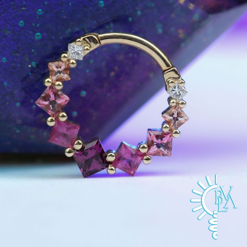 Graduating Tiffany Rhodolite, Hot Pink Sapphire, Pink Topaz, Peach Topaz, VS1 Diamond Forward Facing Hinge Ring 16g 3/8" 14k Yellow Gold