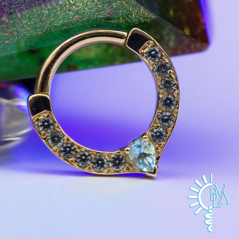 Cherish Pear Swiss Blue Topaz, Grey Sapphire Forward Facing Hinge Ring 16g 5/16" 14k Yellow Gold