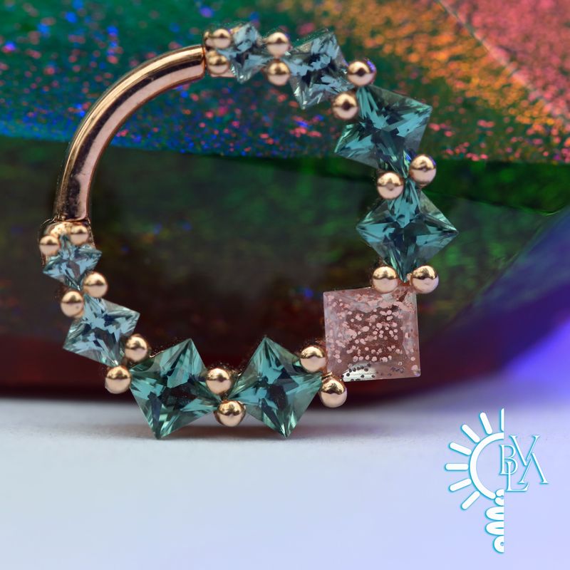 Graduating Tiffany Oregon Sunstone, Grey Sapphire Forward Facing Hinge Ring 16g 11/32" 14k Rose Gold