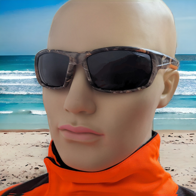 Sonnenbrille SEENsuechtig grau orange camouflage mit Auftrieb Unisex Damen Herren inkl. Tuch + Hülle