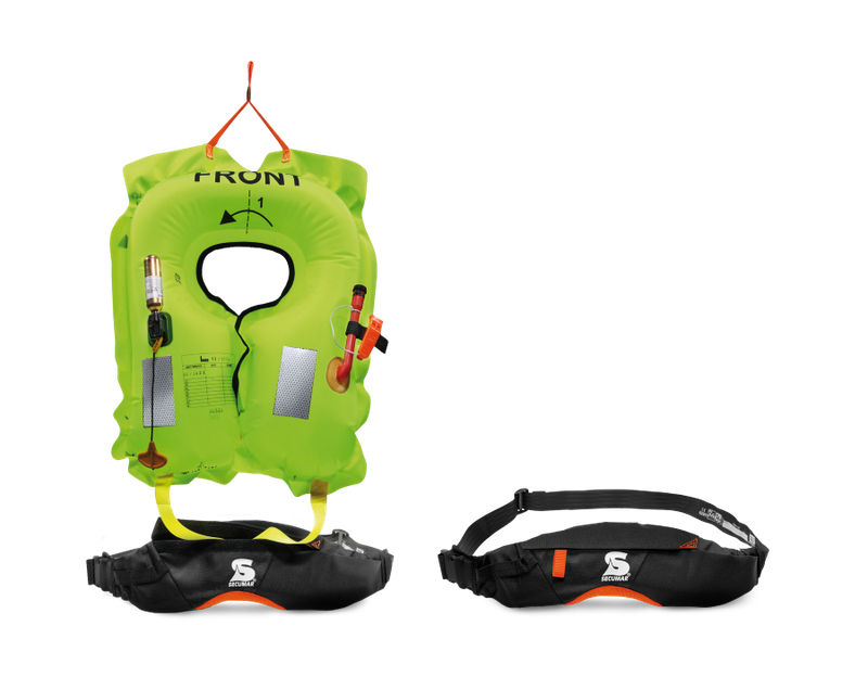 Secumar Free 100 Aufblasbare Rettungsweste Secumar Free 100 links augeblasen grün rechts eingepackt