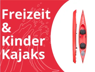 Freizeit und Kinder Kajaks weiß auf roter Welle mit rotem Kajak daneben