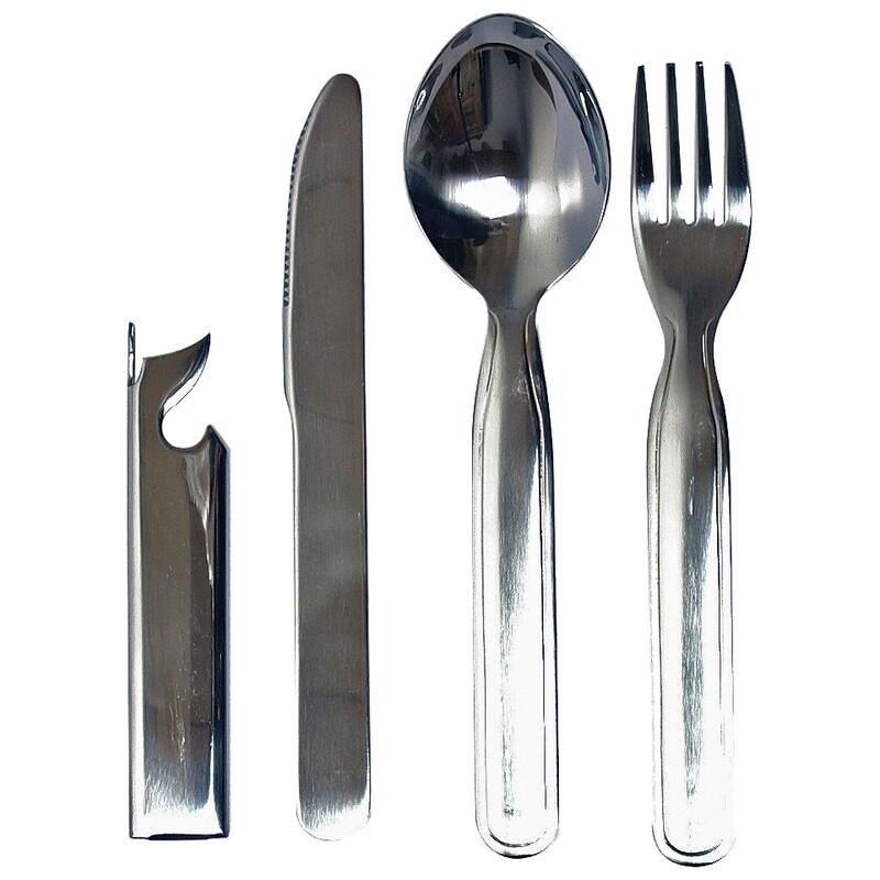 Origin Outdoors Biwak von links aus Dosenöffner, Messer, Löffel und Gabel