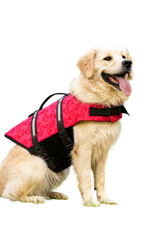 Labrador mit roter Schwimmweste