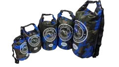 5 x Dry Bag in Blau von 2 bis 30 Liter SEENsuechtig nebeneinander