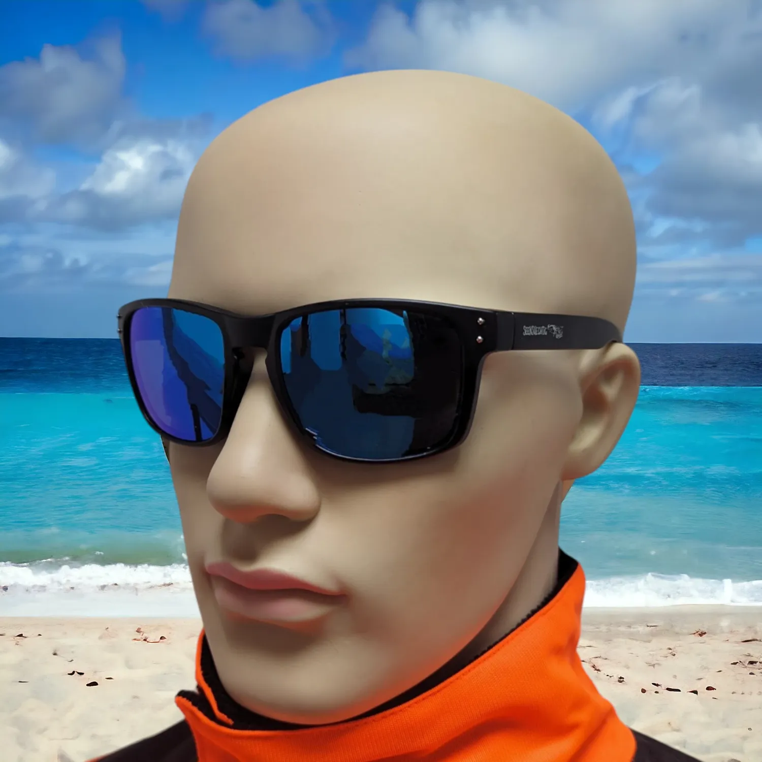 Sonnenbrille von vorne seilich schwarz verspiegelt