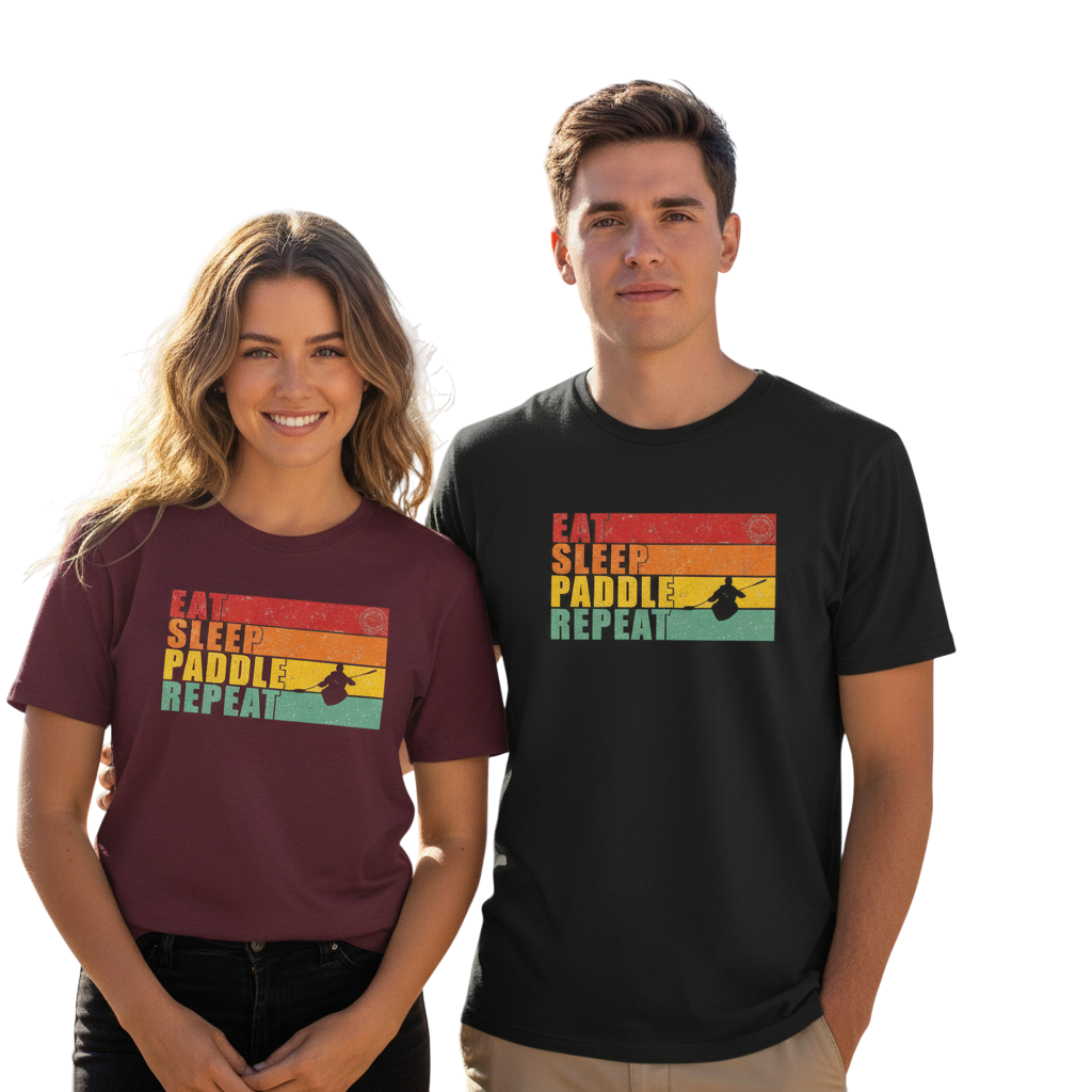 t shirt eat sleep paddle repeat von vorne links burgundi rechts schwarz