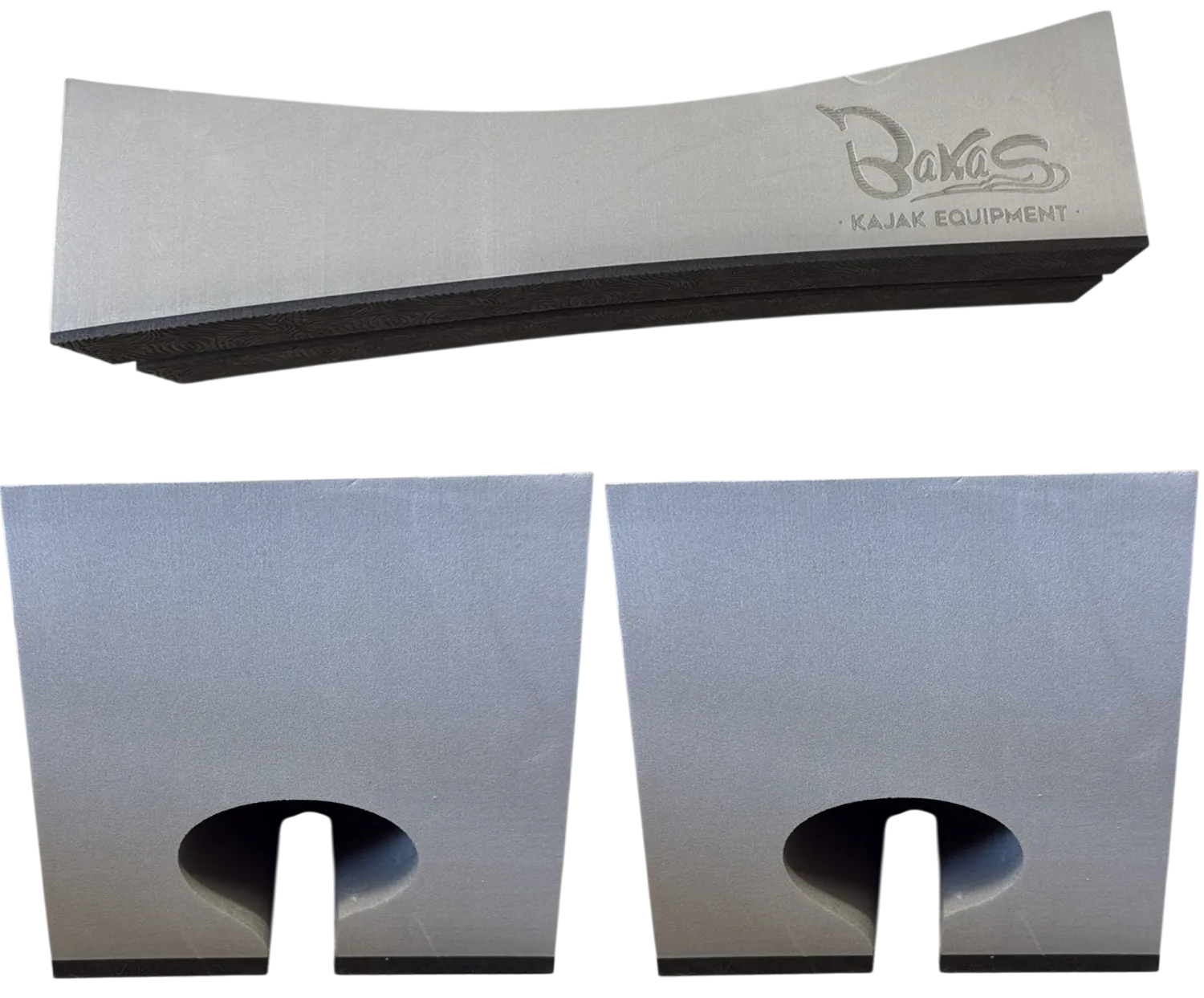 Oben im Ganzen unten das Seitenprofil von Bakas Dachträgerpolster Oval in Grau