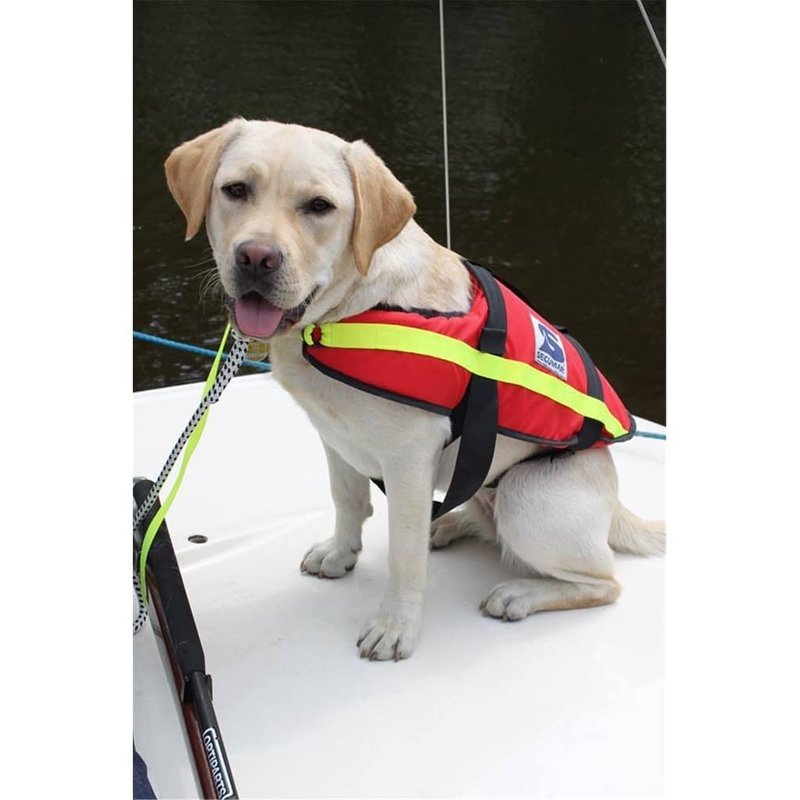 Secumar Hundeschwimmweste rot gelb mit hund 