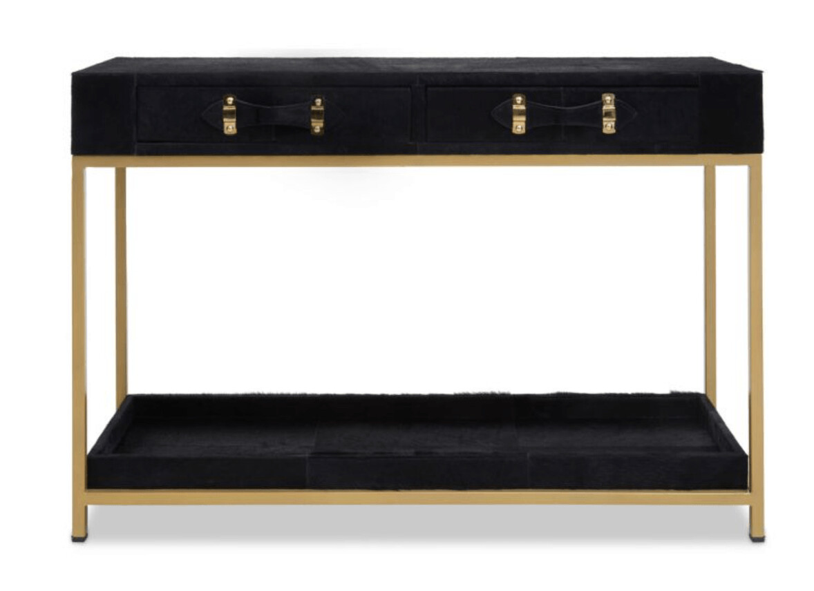KENSINGTON TOWNHOUSE HAIR ON HIDE BLACK AND GOLD CONSOLE TABLE