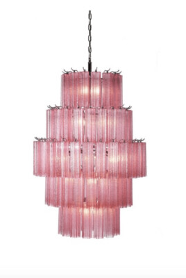 Mid-century Pink Tiered Glass Chandelier