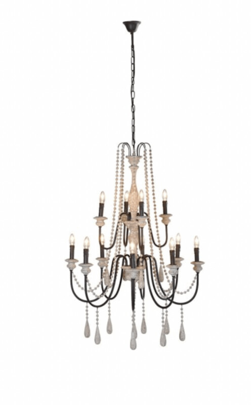 Large 12 Arm Chandelier with Wooden Beads