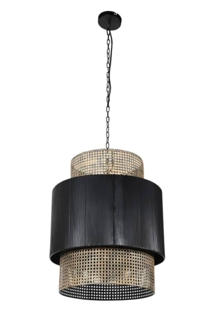 Black and Rattan Effect Metal Pendant Light
