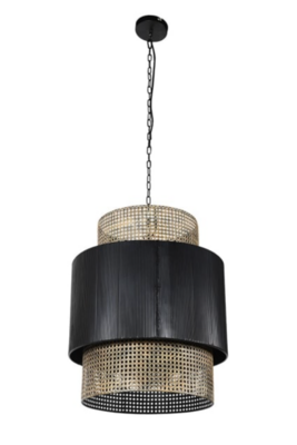 Black and Rattan Effect Metal Pendant Light