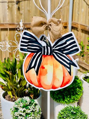 Halloween: Classic Striped Bow Pumpkin Door Hanger