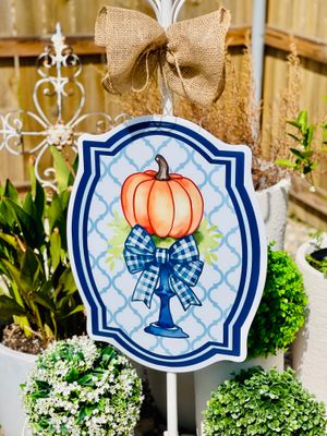 Thanksgiving: Blue Ribbon Pumpkin Pedestal Door Hanger