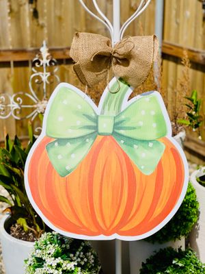 Thanksgiving: Polka Dot Green Bow Pumpkin Door Hanger