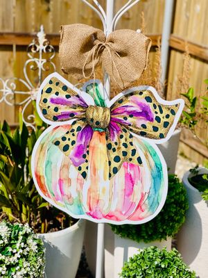 Thanksgiving: Watercolor Pumpkin with Leopard Bow Door Hanger
