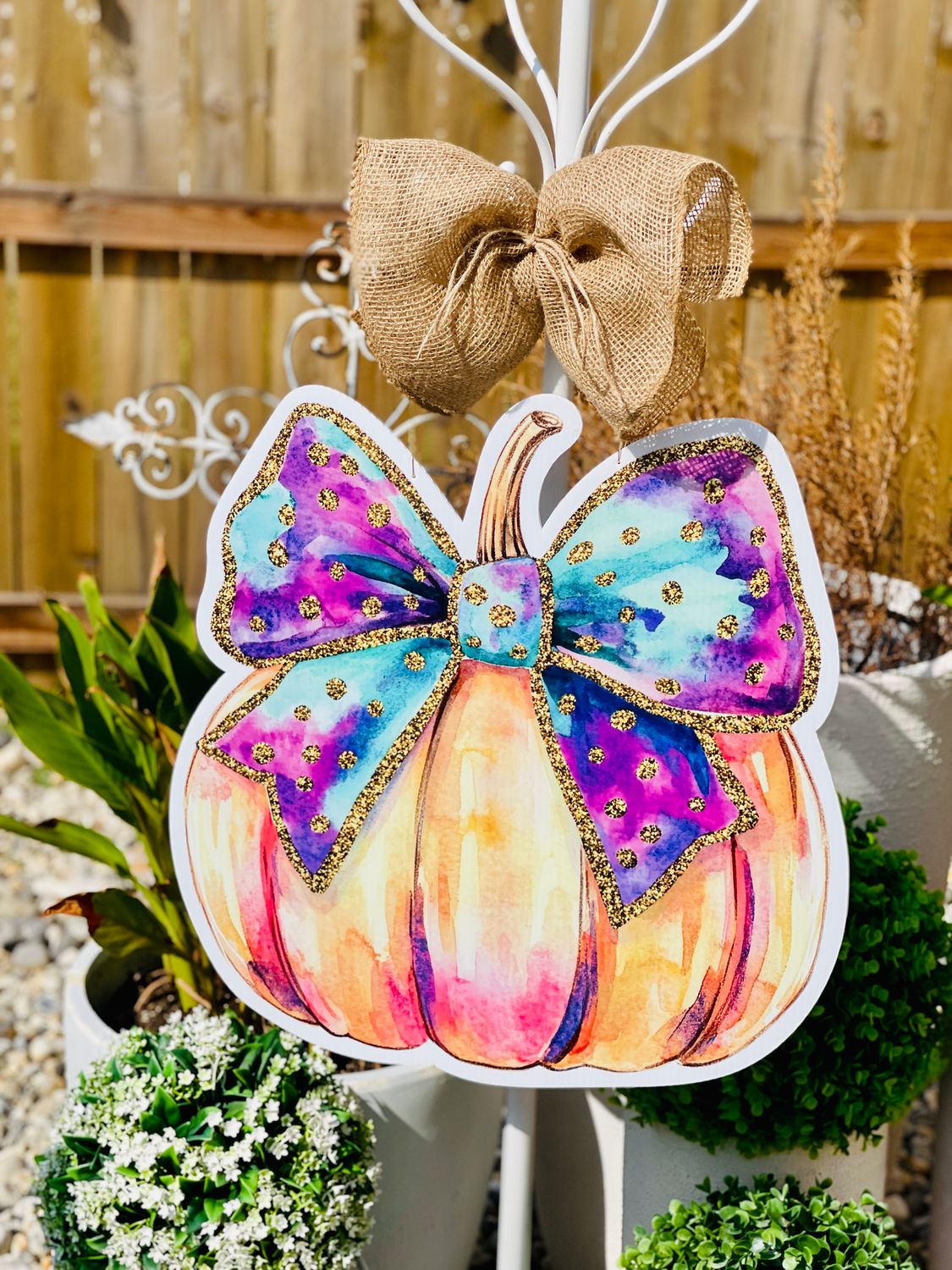 Glitter Bow Watercolor Pumpkin Door Hanger