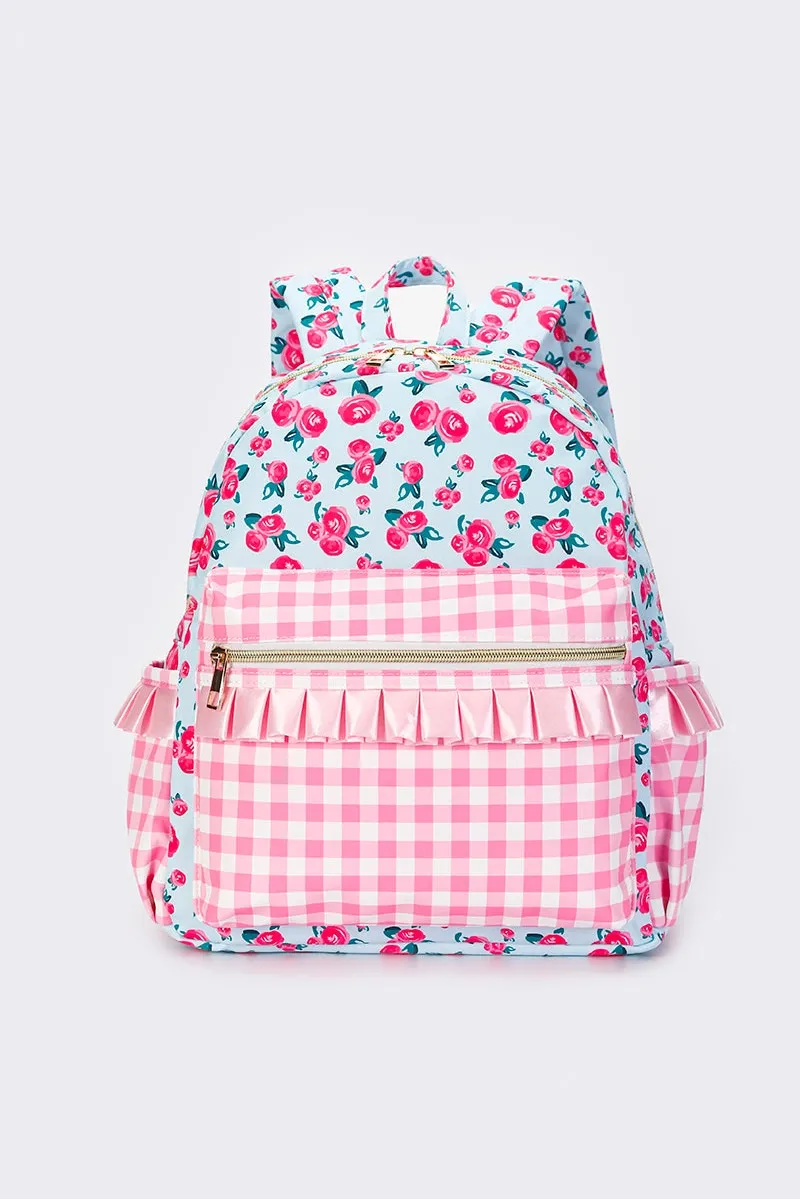 Backpack: Pink Checkered Ruffle Flower Print