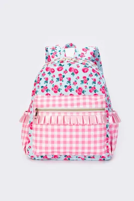 Backpack: Pink Checkered Ruffle Flower Print
