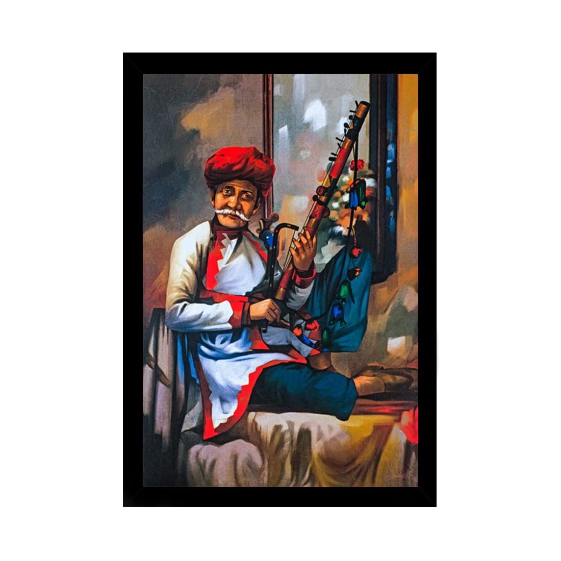 Rajasthani Village Modern Art Painting with Synthetic Photo Frame (Multicolor)