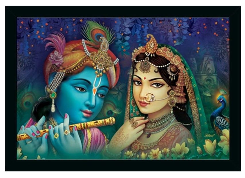 Radha Krishna Painting with Synthetic Photo Frame with Sparkle Coated (Multicolor)