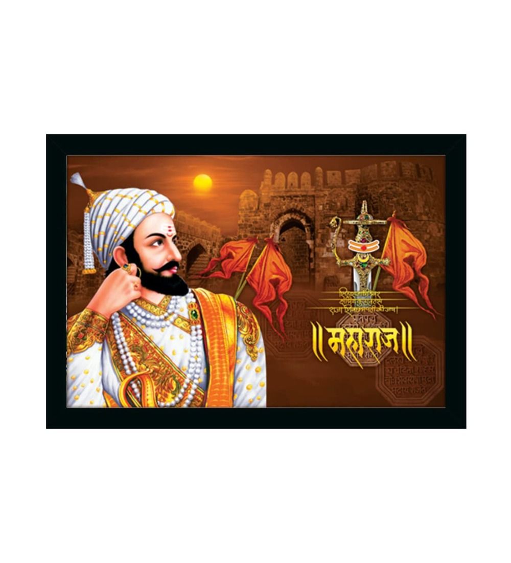 Shivaji Maharaj Painting Vinyl Sparkle Coated with Synthetic Photo Frame (Multicolor)