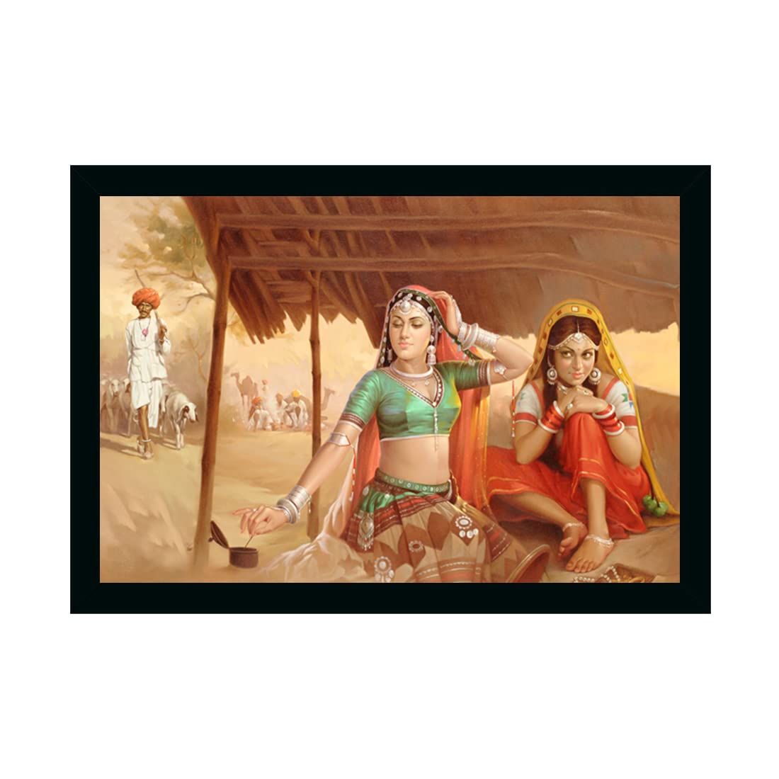 Rajasthani Village Modern Art Painting with Synthetic Photo Frame (Multicolor)
