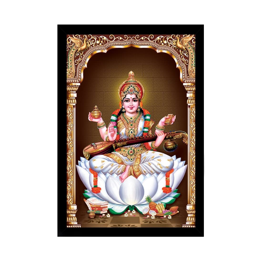 Saraswati Maa Painting with Synthetic Photo Frame (Multicolor)
