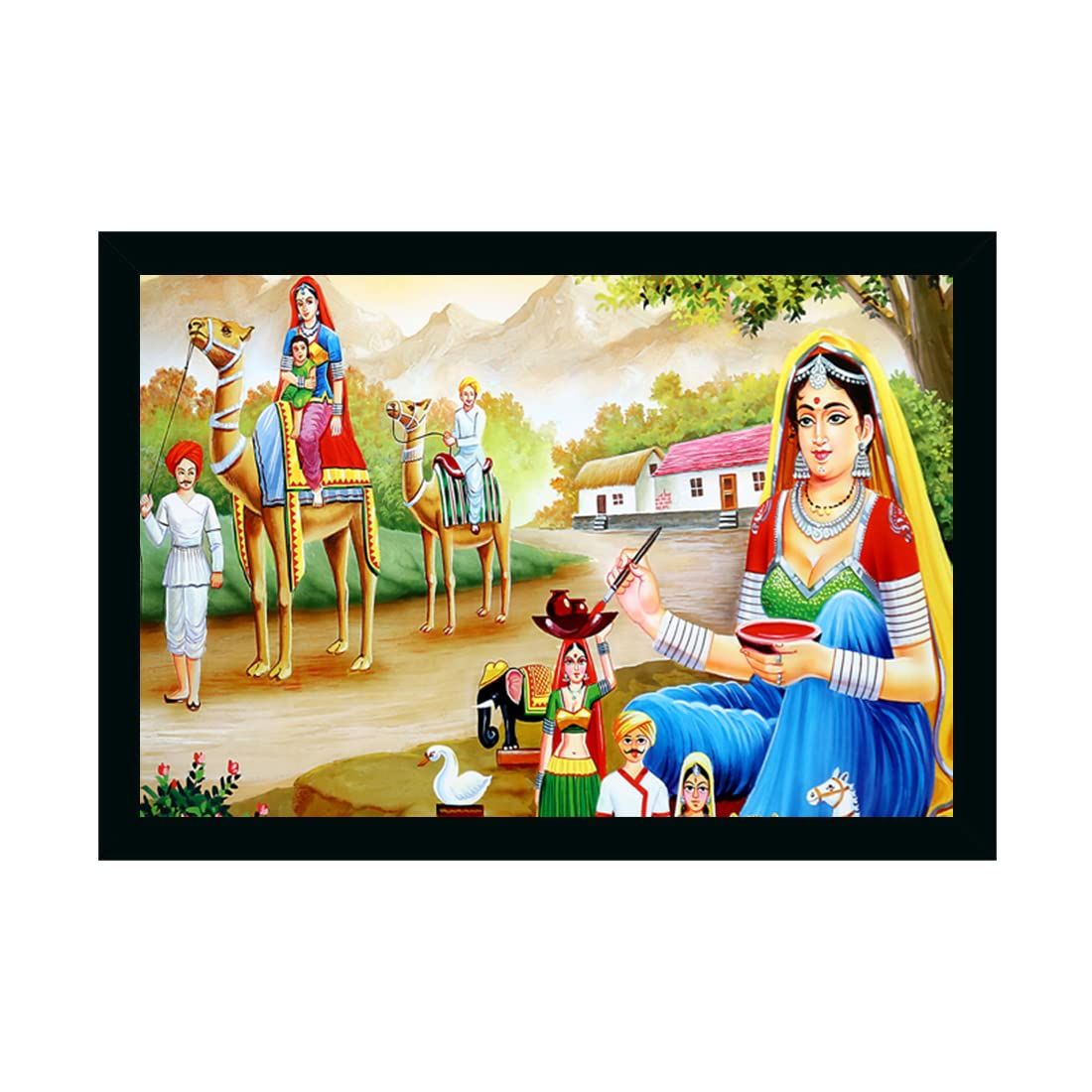 Rajasthani Village Modern Art Painting with Synthetic Photo Frame (Multicolor)