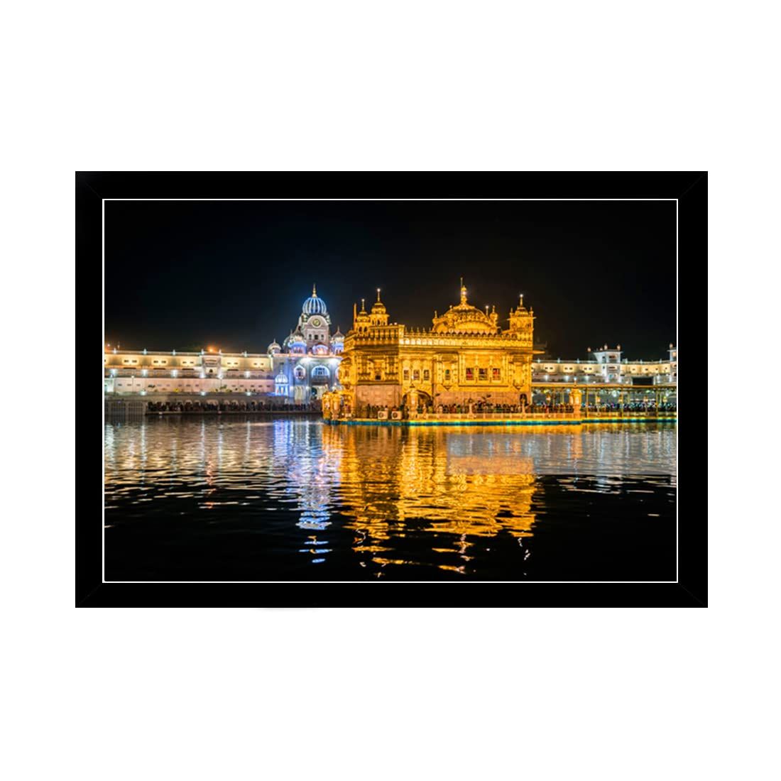 Golden Temple Painting with Synthetic Photo Frame (Multicolor)