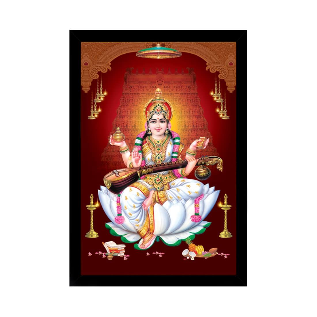 Saraswati Maa Painting with Synthetic Photo Frame (Multicolor)