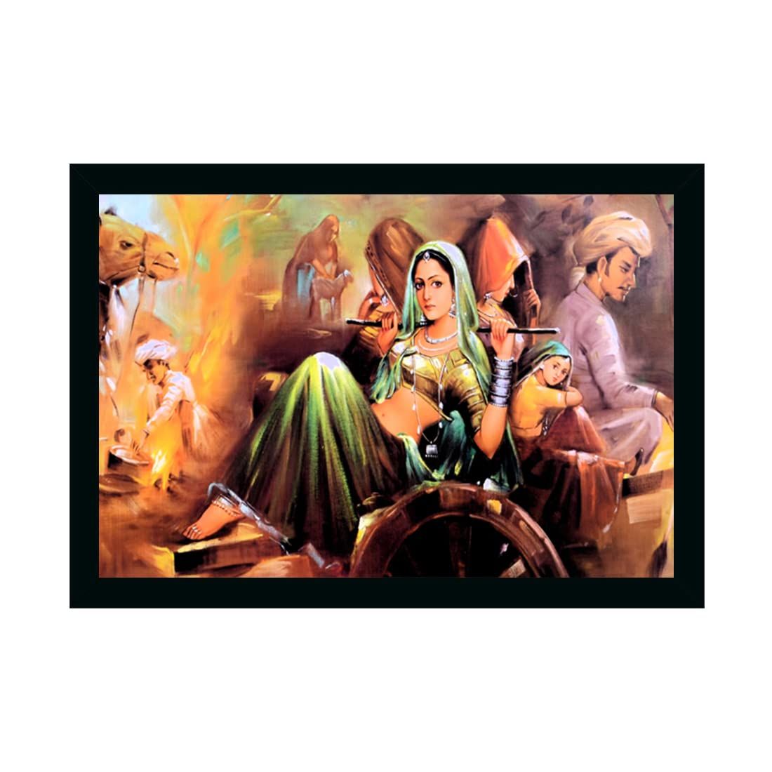Rajasthani Village Modern Art Painting with Synthetic Photo Frame (Multicolor)