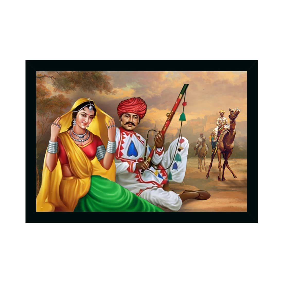 Rajasthani Village Modern Ar Painting with Synthetic Photo Frame (Multicolor)