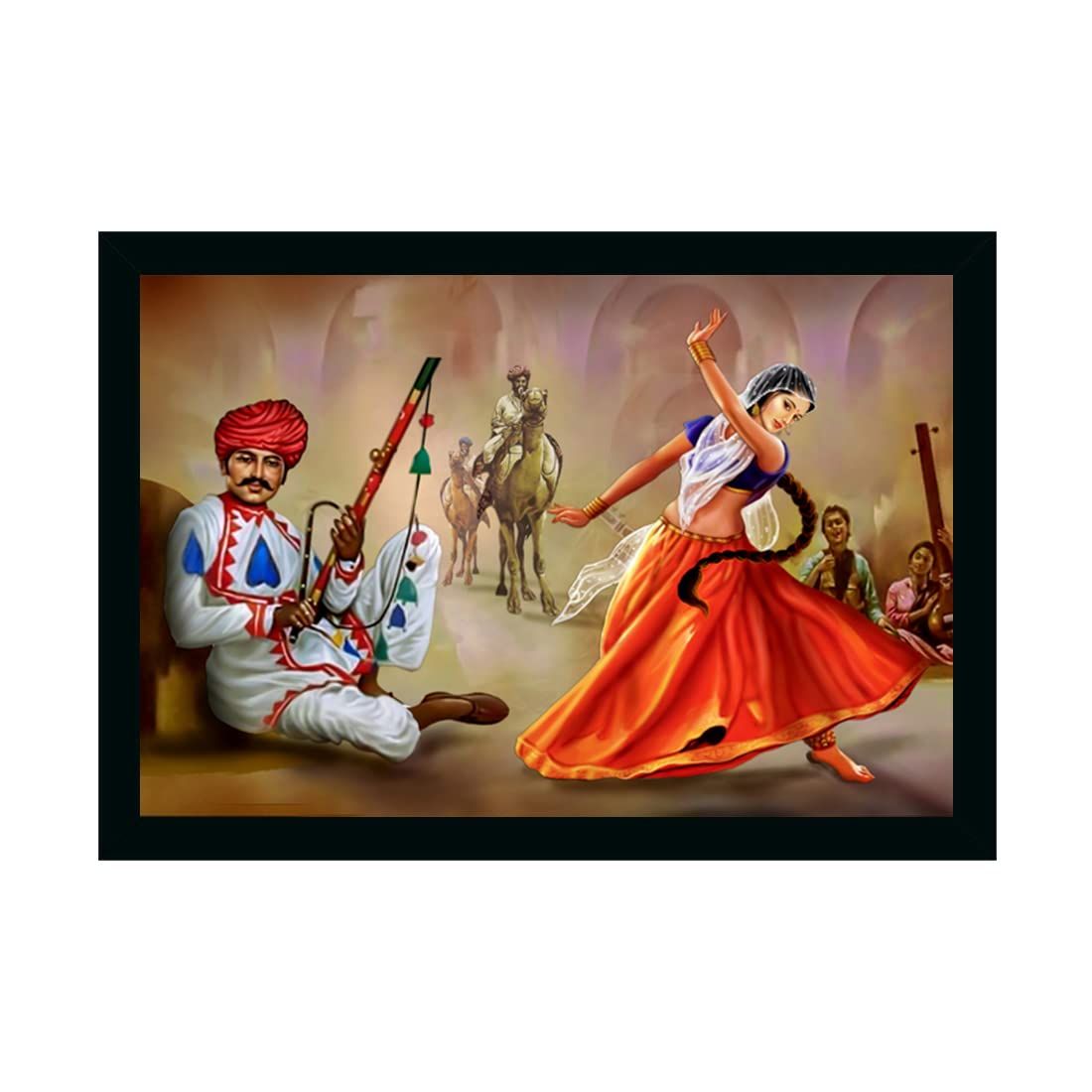 Rajasthani Village Modern Art Painting with Synthetic Photo Frame (Multicolor)