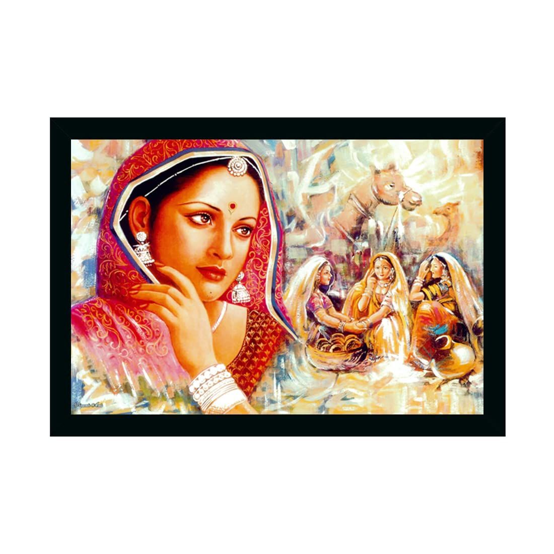 Rajasthani Village Modern Art Painting with Synthetic Photo Frame (Multicolor)
