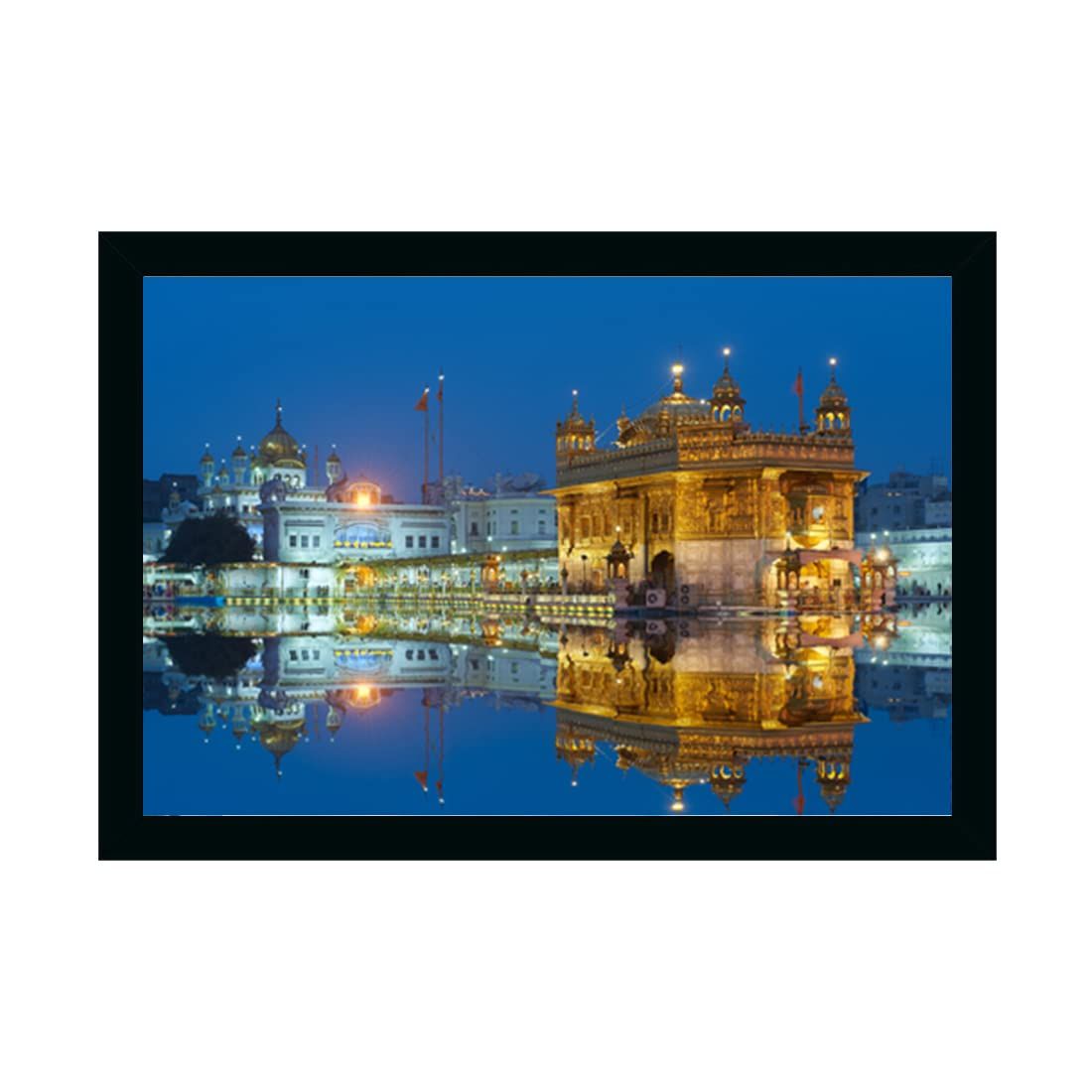 Golden Temple Painting with Synthetic Photo Frame (Multicolor)