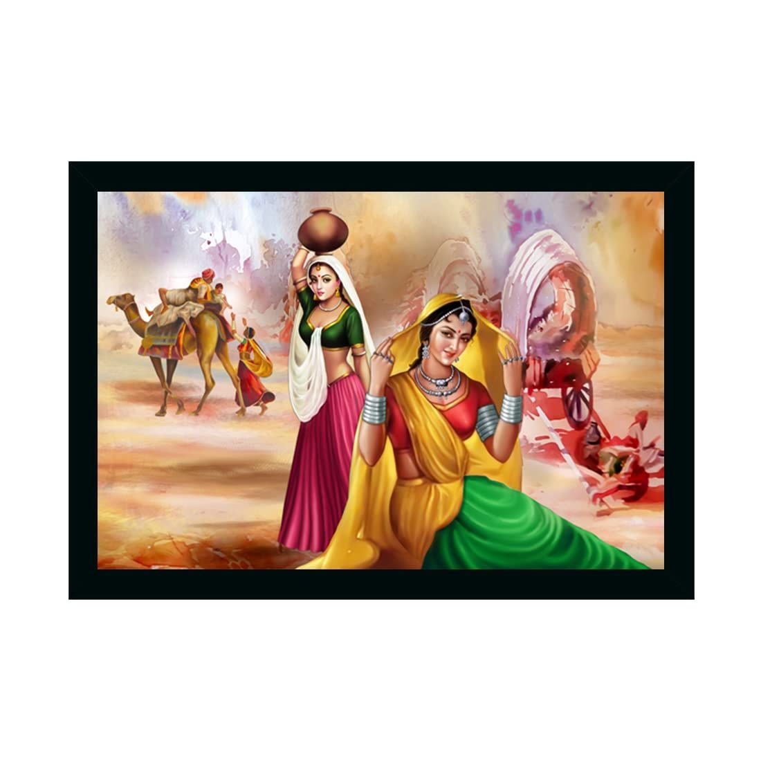 Rajasthani Village Modern Art Painting with Synthetic Photo Frame (Multicolor)