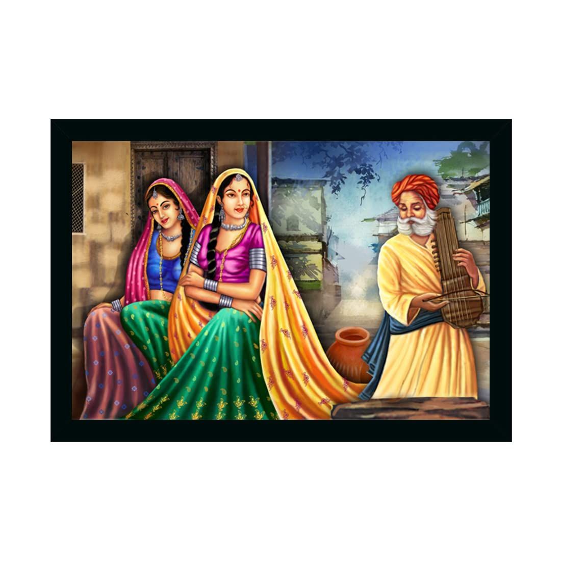 Rajasthani Village Modern Art Painting with Synthetic Photo Frame (Multicolor)