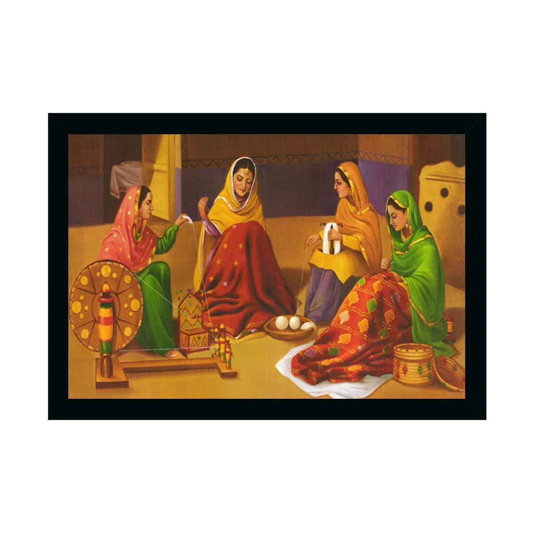 Rajasthani Village Modern Art Painting with Synthetic Photo Frame (Multicolor)