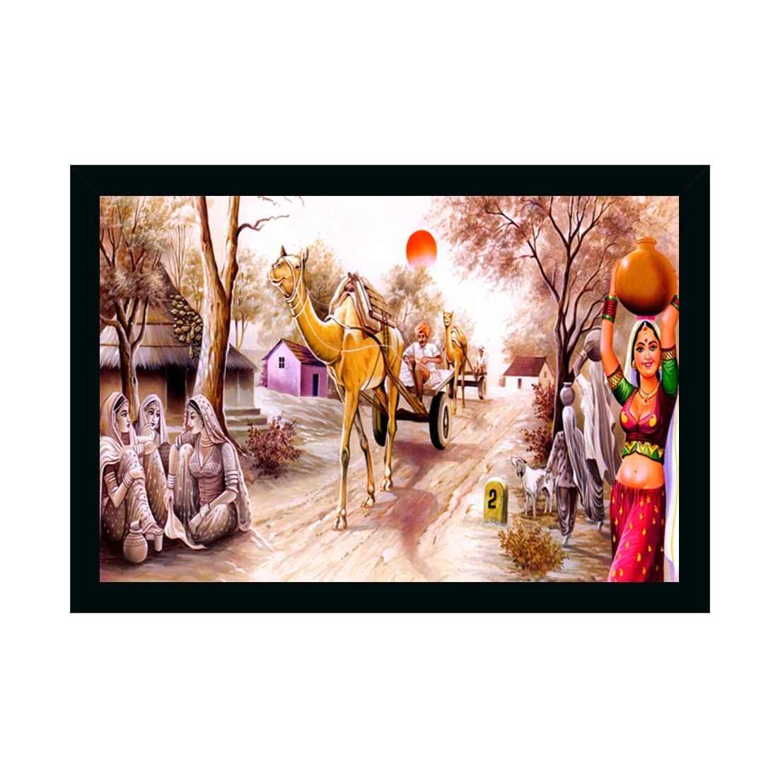 Rajasthani Village Modern Art Painting with Synthetic Photo Frame (Multicolor)